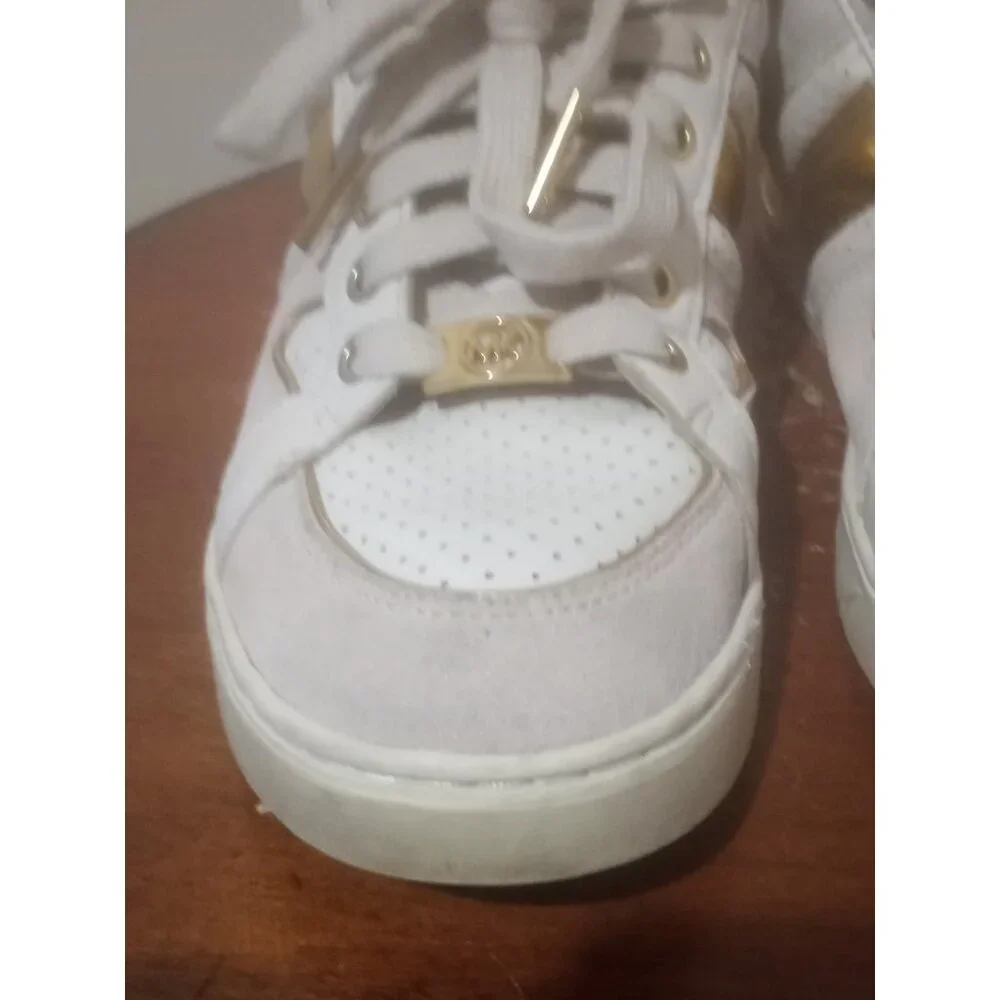 Women Michael Kors Athletic Tennis Shoes hightop logo SZ 7.5M Gold/white Leather - Picture 9 of 14
